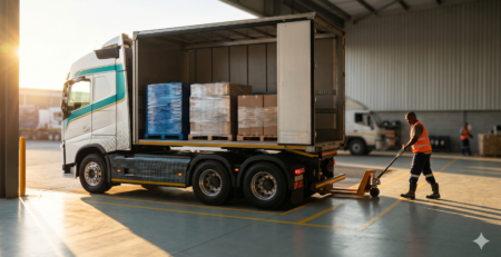 LMC Express truck being loaded with pallets at a South African freight depot
