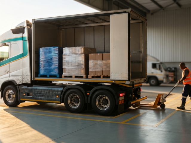 LMC Express truck being loaded with pallets at a South African freight depot