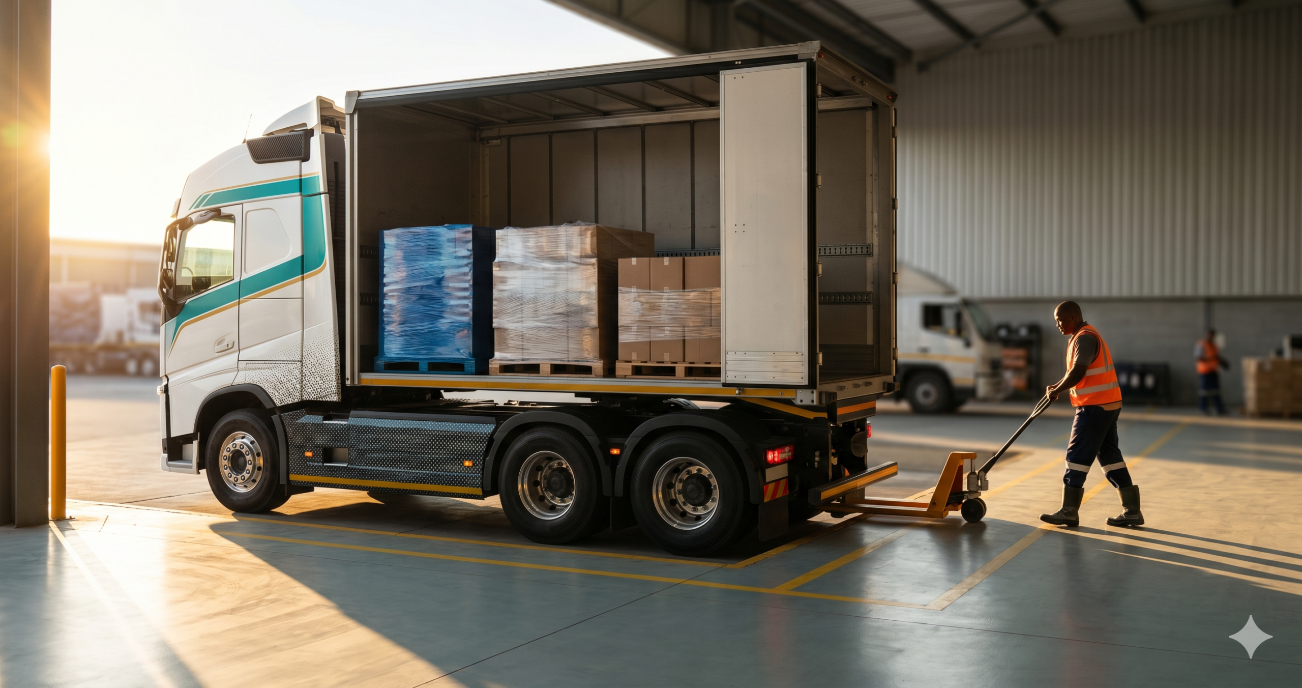 LMC Express truck being loaded with pallets at a South African freight depot