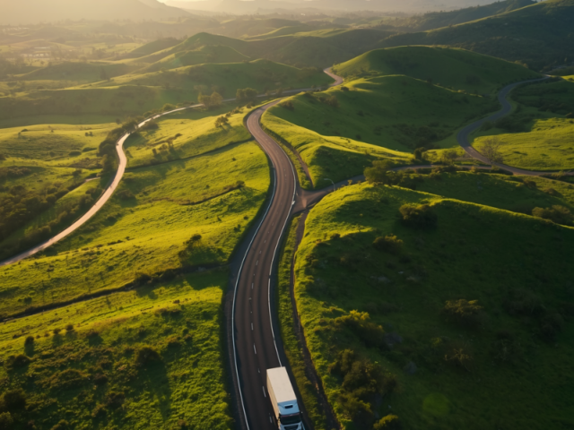 Aerial view of a lush South African highway winding through green KwaZulu-Natal hills at golden hour, representing sustainable logistics